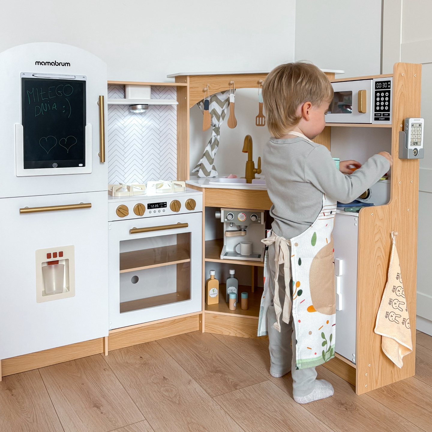 XXXXL didelė medinė interaktyvi virtuvė su LED apšvietimu, skalbimo mašina, mikrobangų krosnele, kavos aparatu, vaisių ir daržovių rinkiniu - 50 elementų