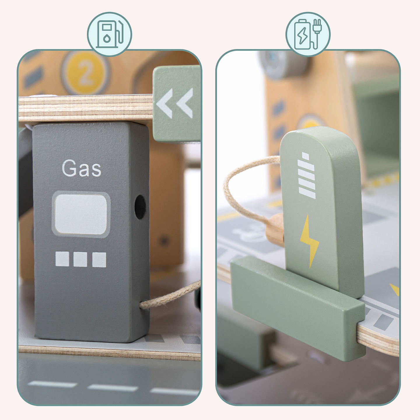 Medinis, trijų aukštų garažas vaikams su priedais – automobilių stovėjimo aikštelė, degalinė, automobilių plovykla, sraigtasparnis