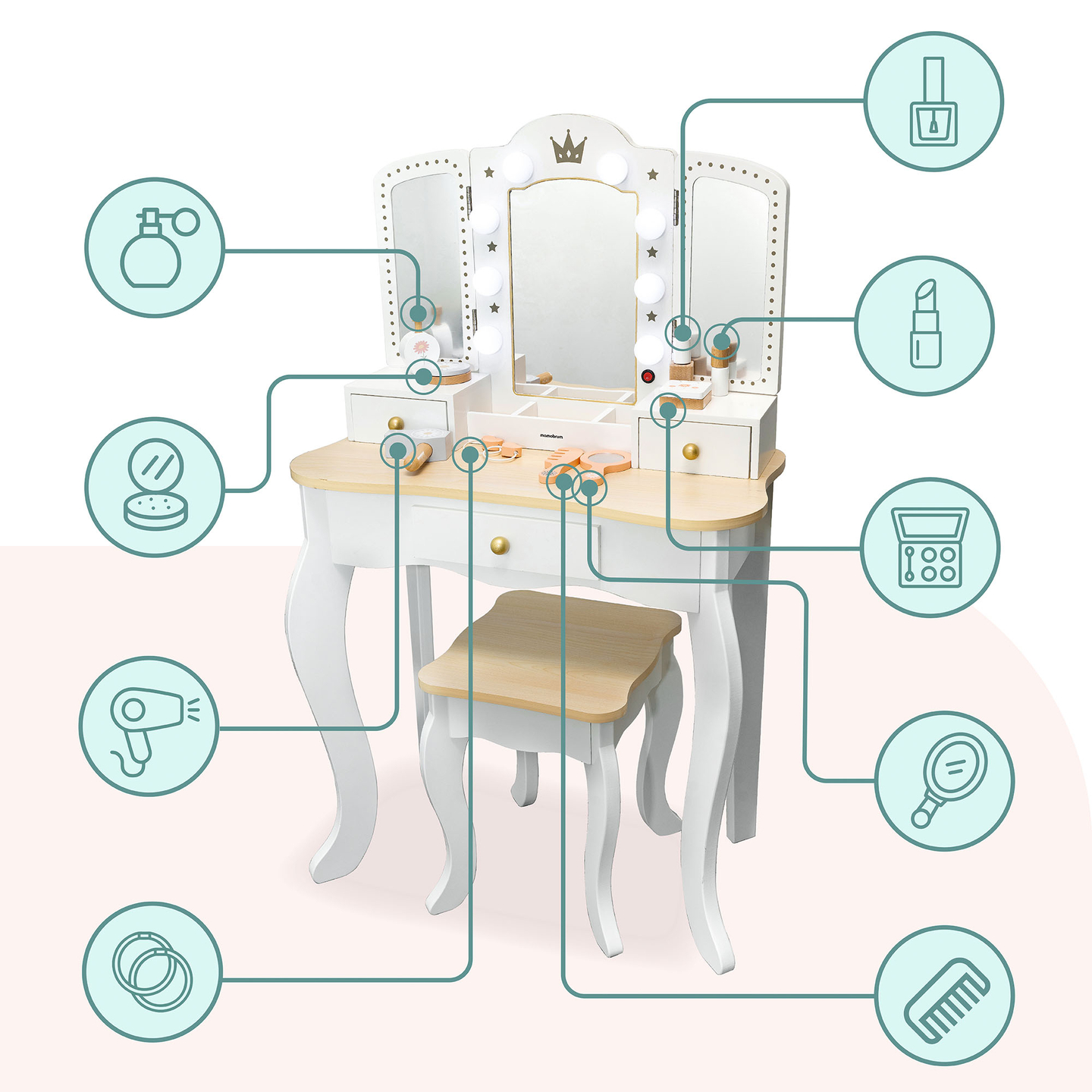 XXL medinis tualetinis staliukas su taburete ir LED apšvietimu vaikams + priedai