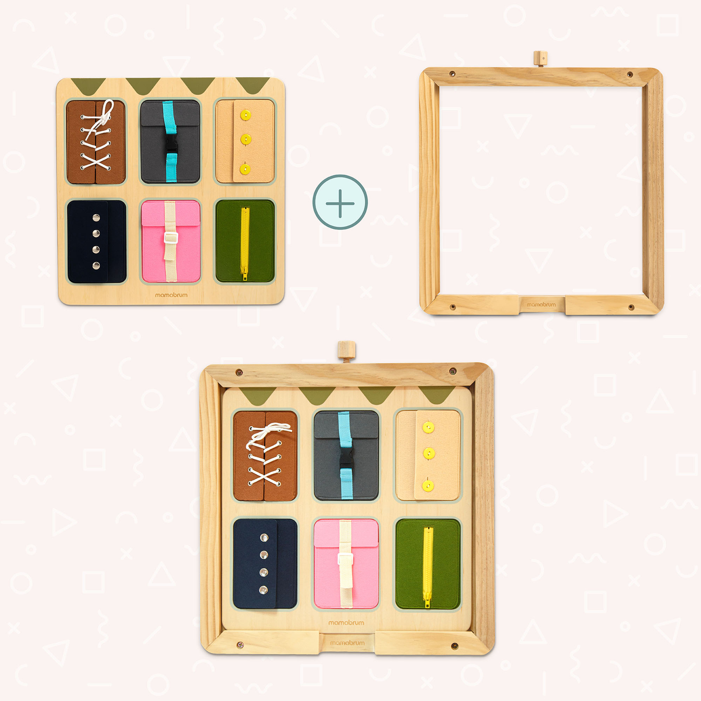 Medinė Montessori manipuliacinė lenta – sensorinis savarankiškumo mokymasis - raišteliai, sagtys, sagos, spaudės, užtrauktukas