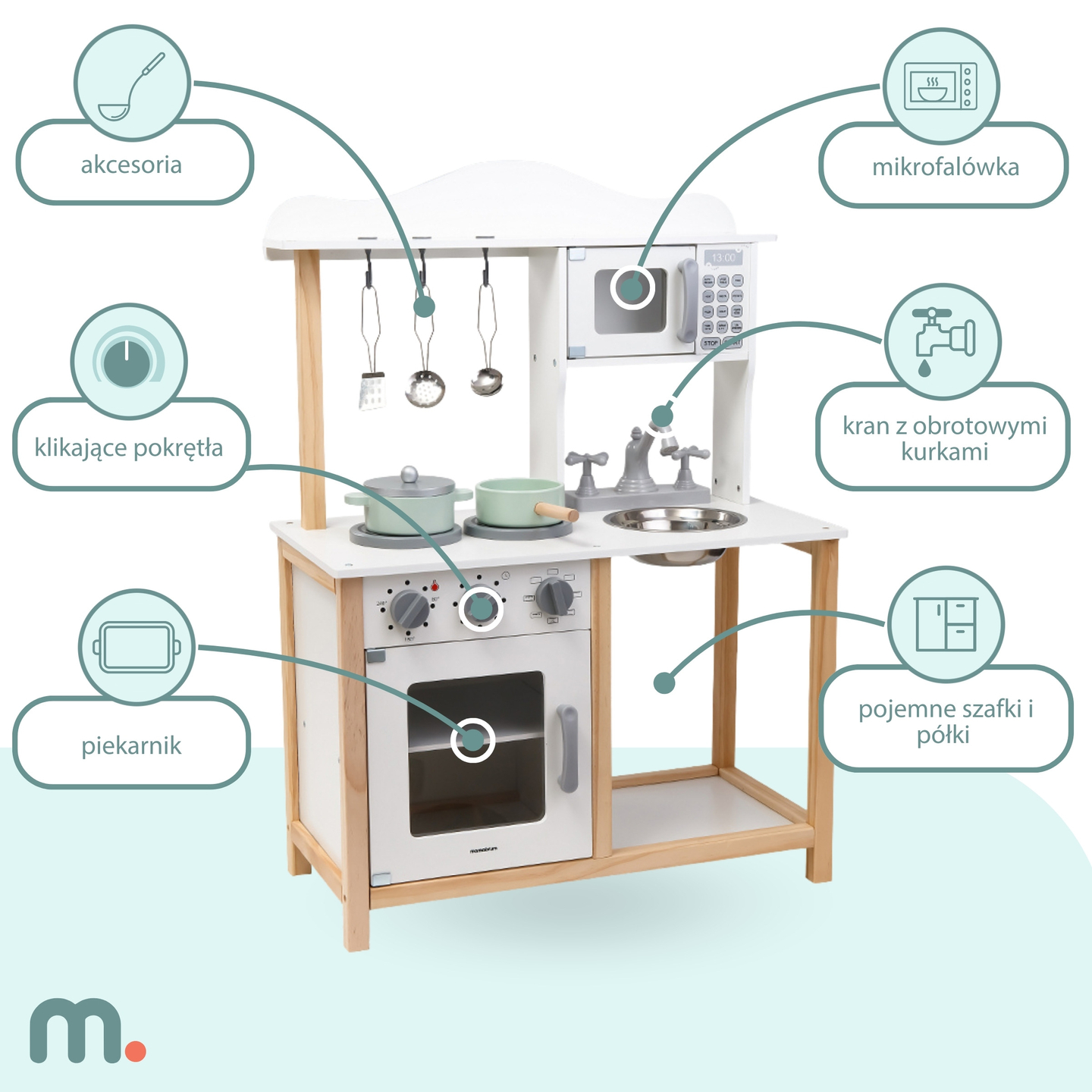 Medinė vaikų virtuvėlė su mikrobangų krosnele