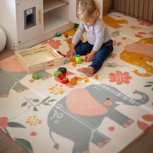 Dvipusis sulankstomas putplasčio kilimėlis 180 x 120 x 1 cm - Egzotiški drambliai / švelniai pilka