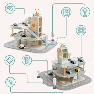 Medinis, trijų aukštų garažas vaikams su priedais – automobilių stovėjimo aikštelė, degalinė, automobilių plovykla, sraigtasparnis