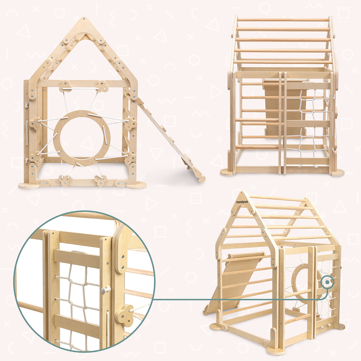 Medinė žaidimų aikštelė vaikams viduje – namelis su kopėčiomis ir čiuožykla