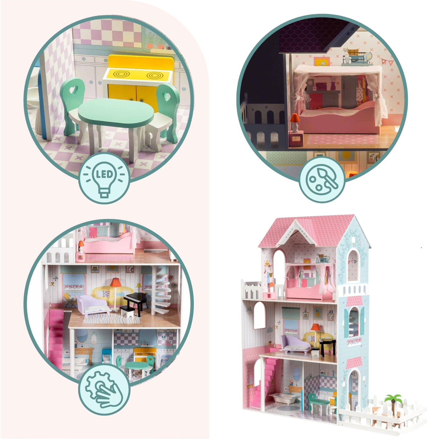 XXL Didžiausias medinis lėlių namelis - 123 cm - LED apšvietimas - terasa, aksesuarai, sodas