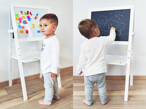 Edukacinė dvipusė lenta: magnetinė ir kreidinė - sausai nuvaloma, medinė, skirta vaikams, sulankstoma