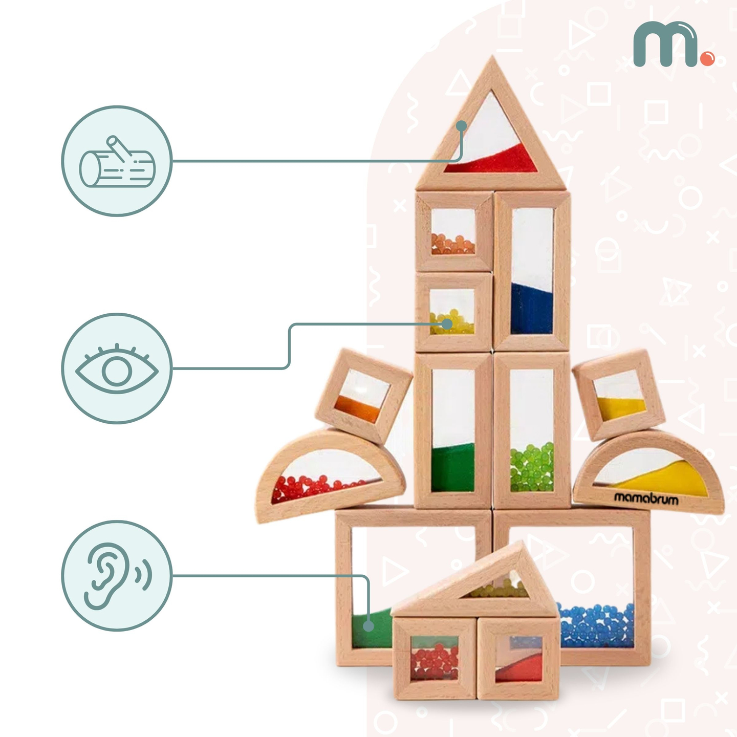 Medinių sensorinių kaladėlių su skirtingais užpildais rinkinys - 15 dalių