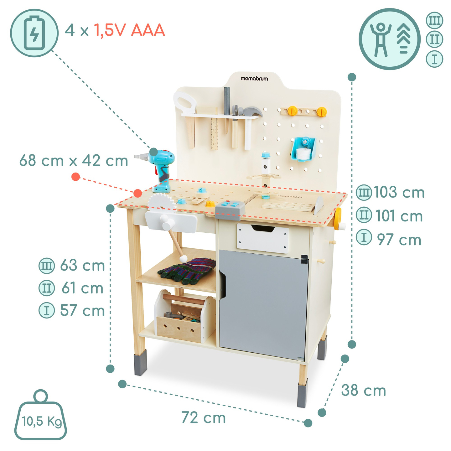 XXL Didelės medinės dirbtuvės su įrankiais - "pasidaryk pats" rinkinys, 74 elementai