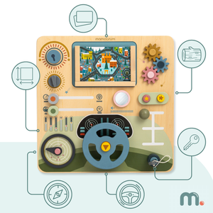 Medinė Montessori lenta 2 viename Vairuotojo ir piloto kabina – vairas, pavarų perjungimo svirtis, kelionių žemėlapiai, radaras