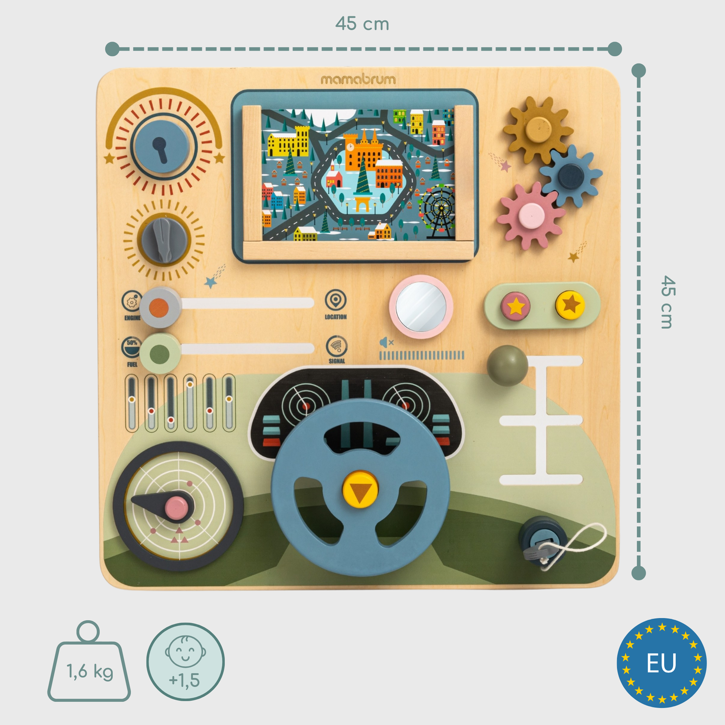 Medinė Montessori lenta 2 viename Vairuotojo ir piloto kabina – vairas, pavarų perjungimo svirtis, kelionių žemėlapiai, radaras