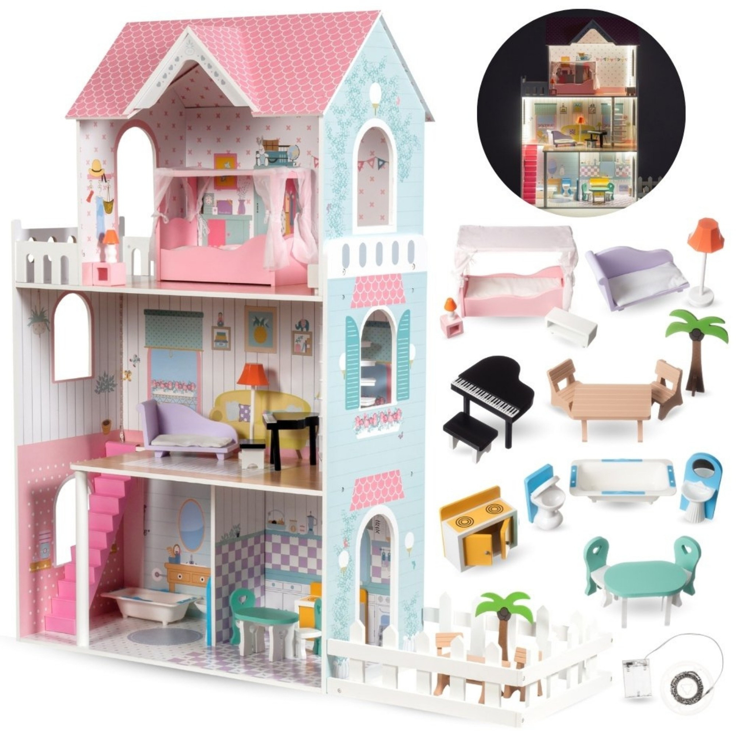 XXL Didžiausias medinis lėlių namelis - 123 cm - LED apšvietimas - terasa, aksesuarai, sodas
