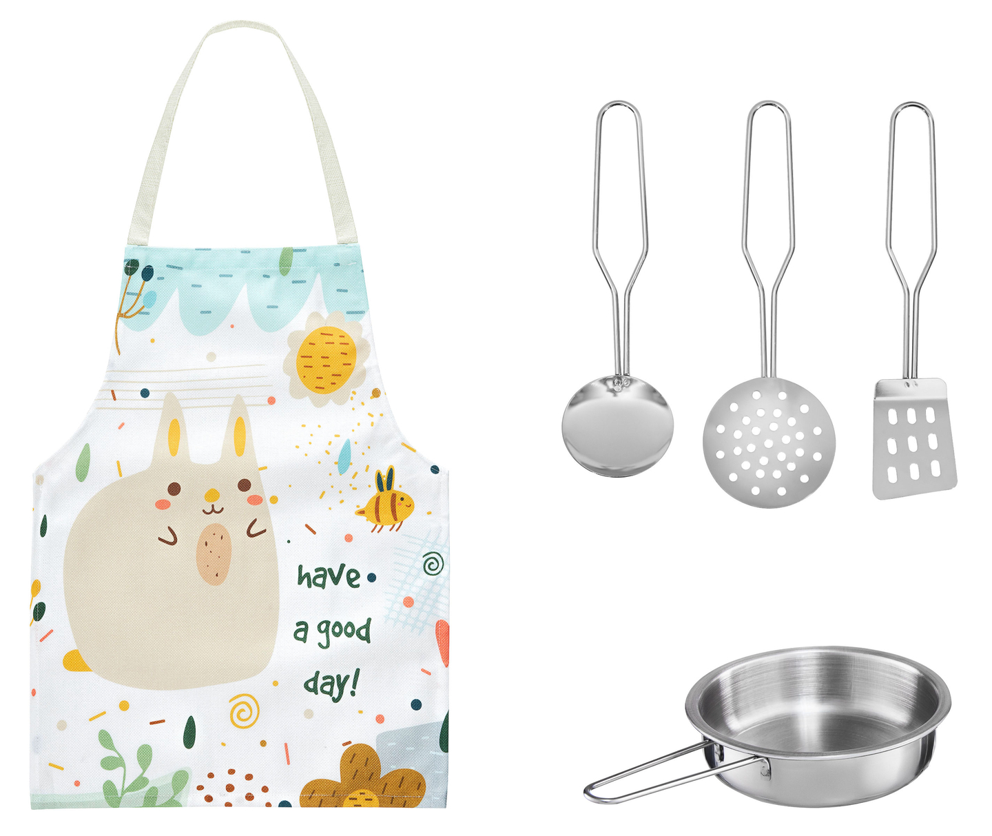 Balta medinė virtuvė su prijuoste, priedais ir LED lempa