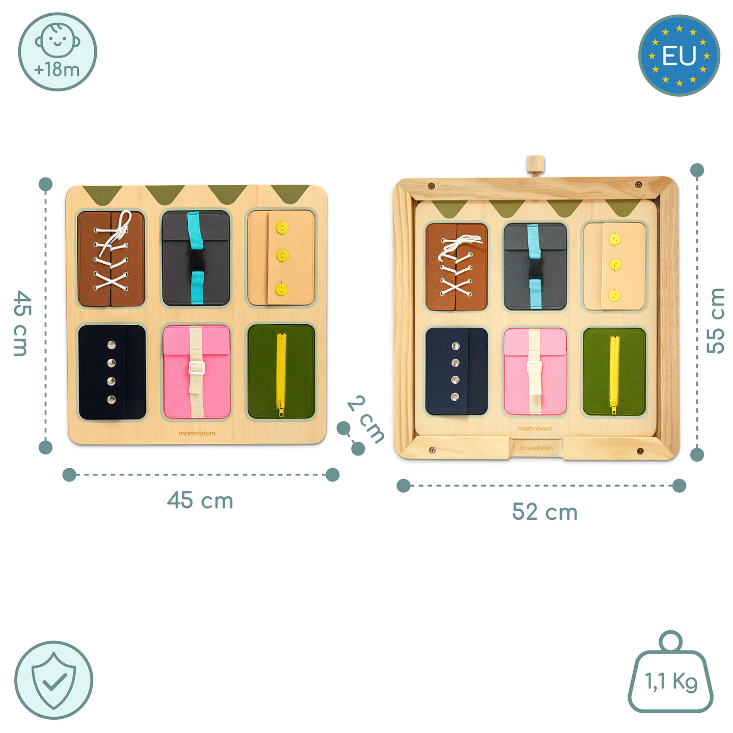 Medinė Montessori manipuliacinė lenta – sensorinis savarankiškumo mokymasis - raišteliai, sagtys, sagos, spaudės, užtrauktukas