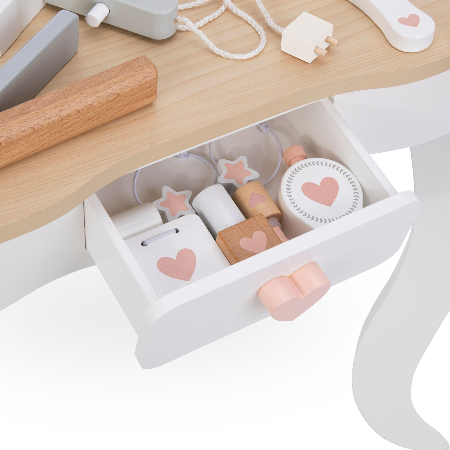 Medinis tualetinis staliukas su taburete ir priedais