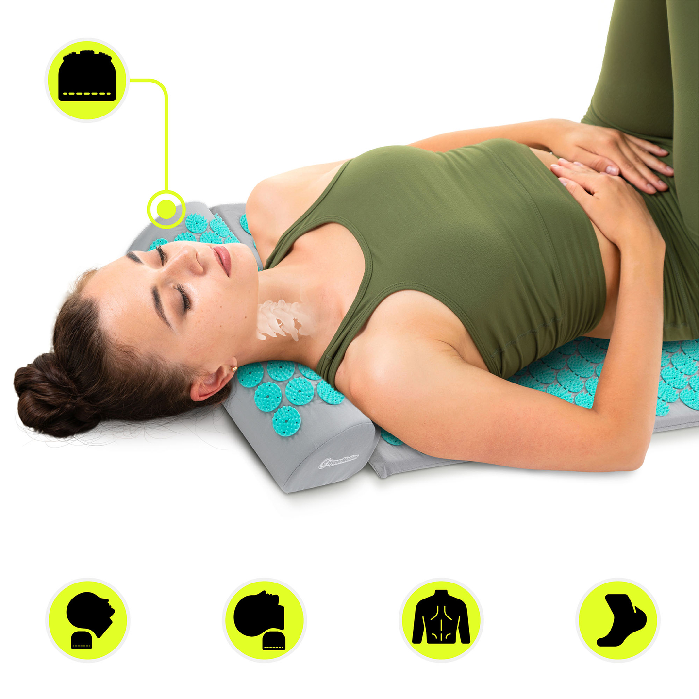 Akupresūros kilimėlis su pagalvėle ir užvalkalu – 72 cm „HyperMotion“ pilkai mėtinis