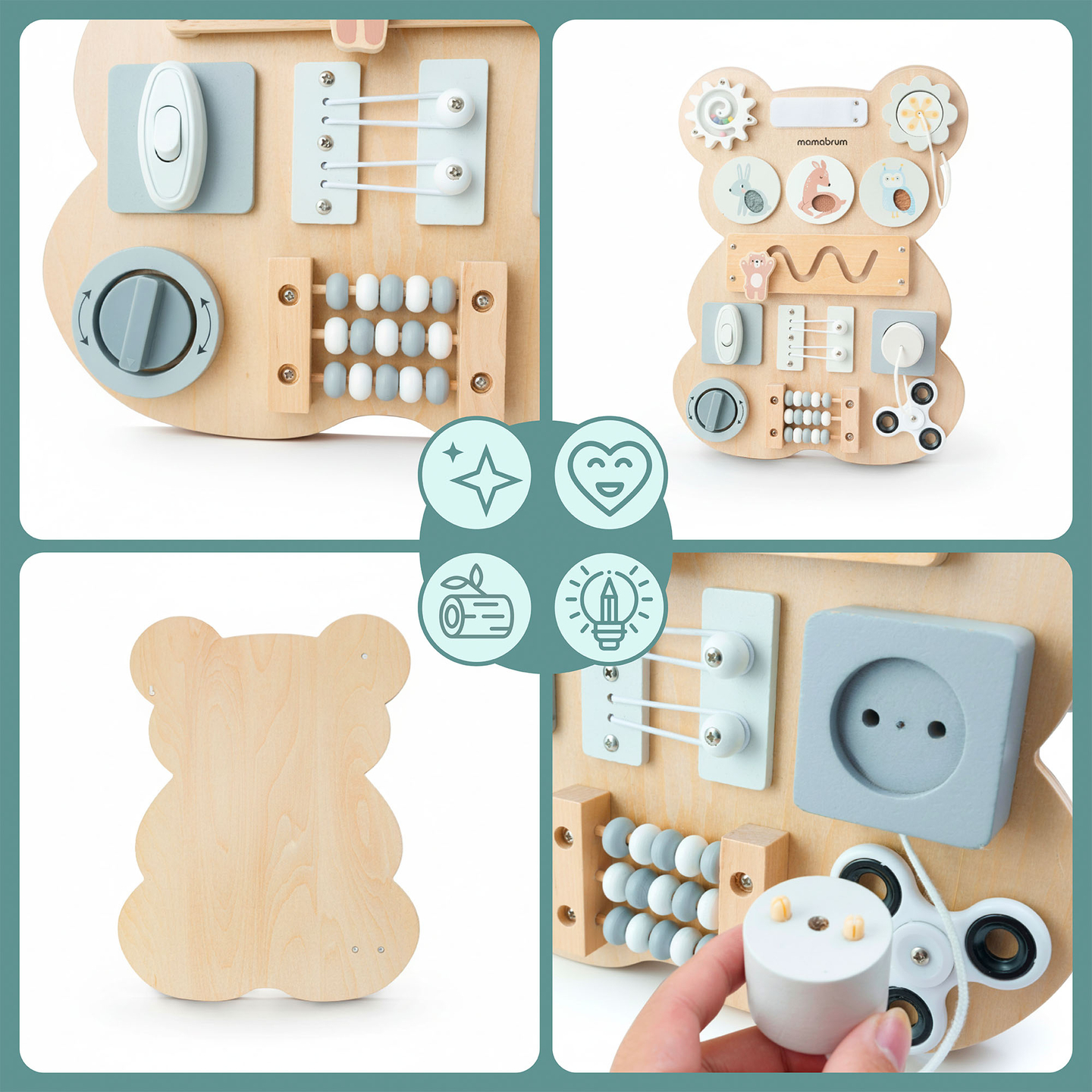 Medinė Montessori meškiuko manipuliacinė lenta - sensorinis savarankiškumo mokymasis: lipdukas, kaištis, labirintas, spragtelėjimo rankenėlė