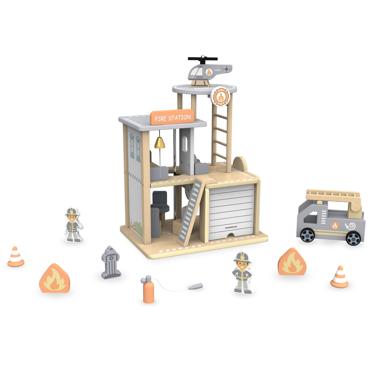 Medinė ugniagesių stotis su priedais, ugniagesių komanda