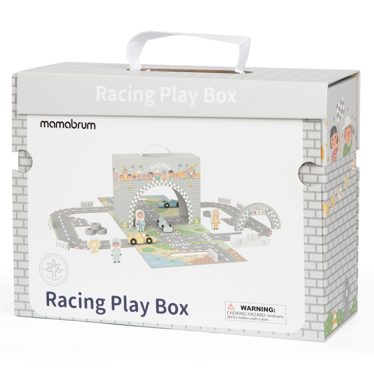 Magnetinis lagaminas su lenktynių trasa, medinėmis transporto priemonėmis ir kelio priedais