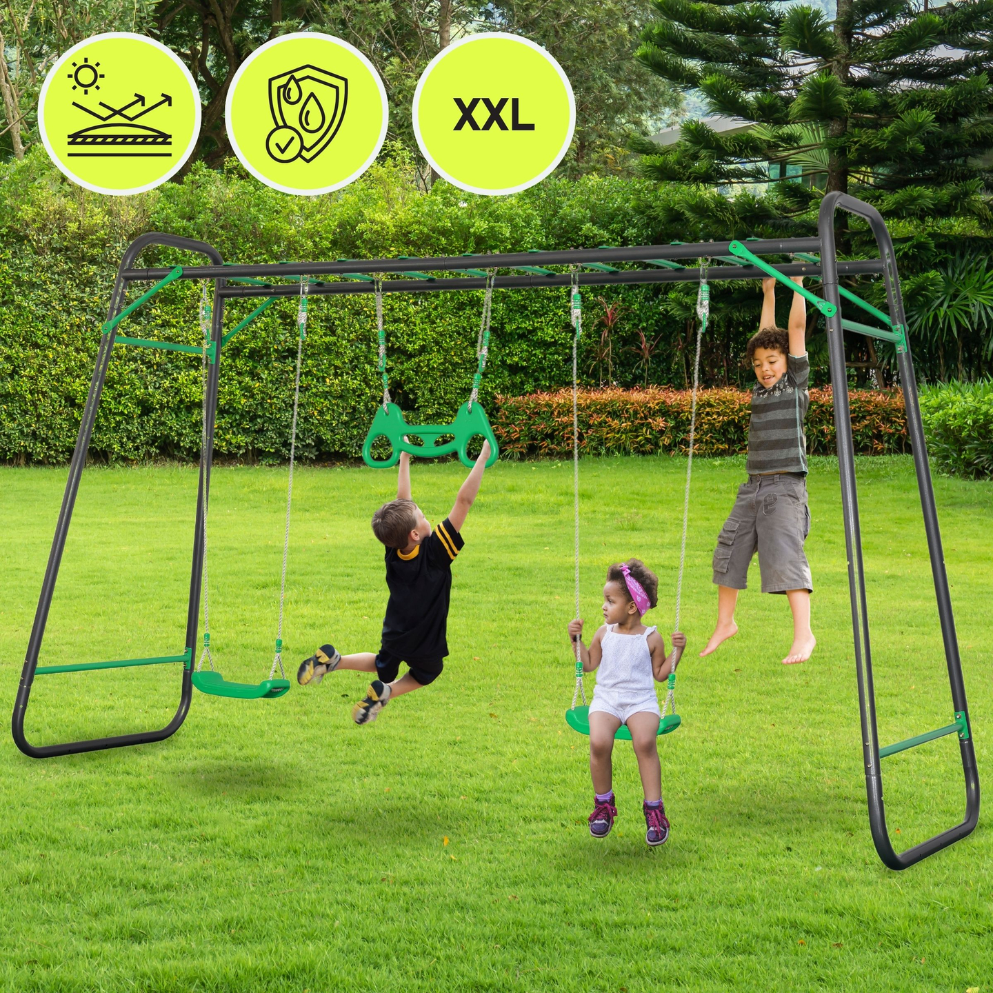 XXL plieninės sodo sūpynės - 2 sėdynės, kopėčios, gimnastikos trapecijos