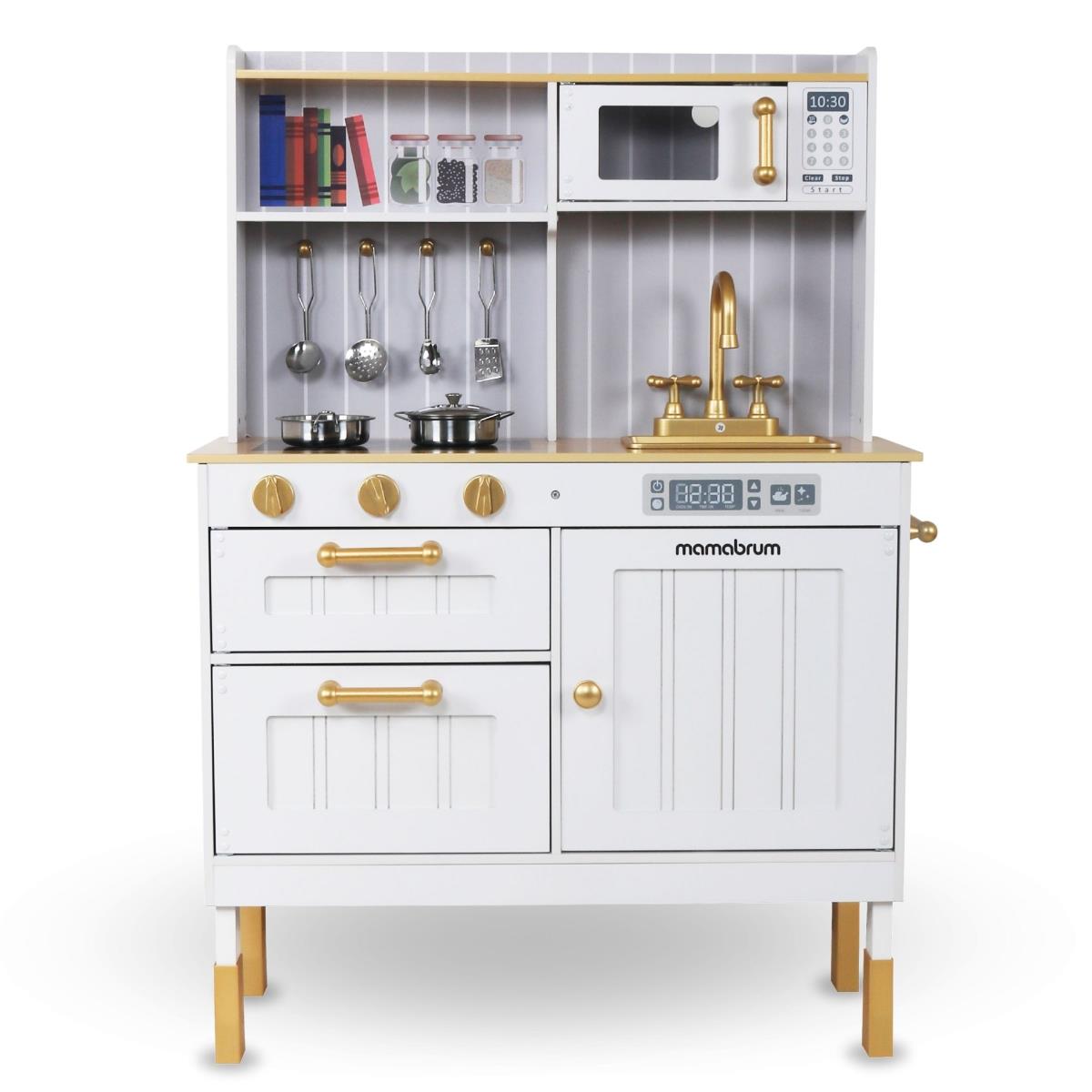 Medinė balta virtuvė su priedais ir prijuoste