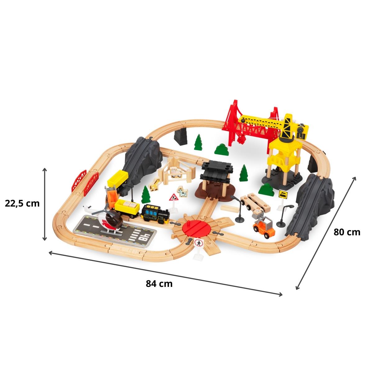 Medinis geležinkelis, akumuliatorinis traukinys - Miestas: bėgiai, automobiliai, tiltas, oro uostas