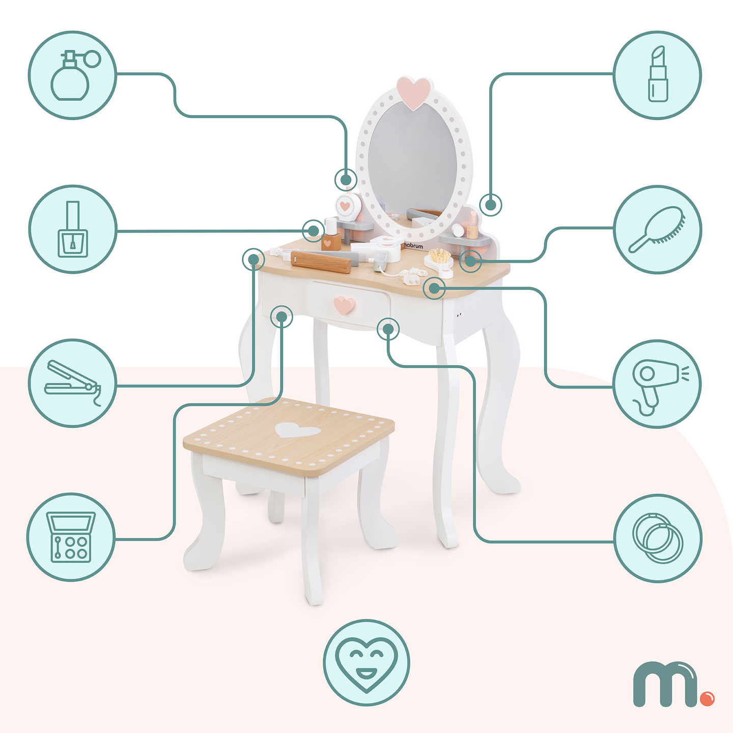 Medinis tualetinis staliukas su taburete ir priedais