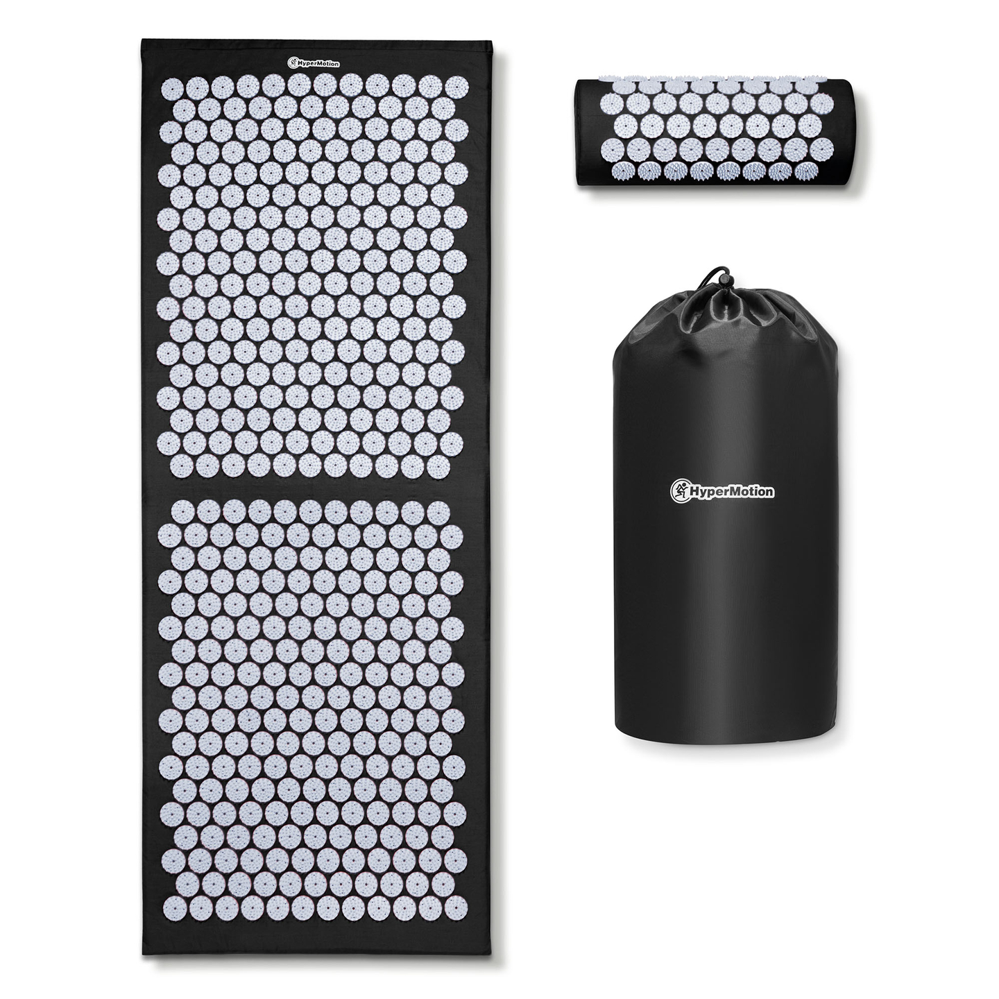 Didelis akupresūros kilimėlis su pagalvėle ir užvalkalu – 130 cm „HyperMotion“ juodos ir baltos spalvos