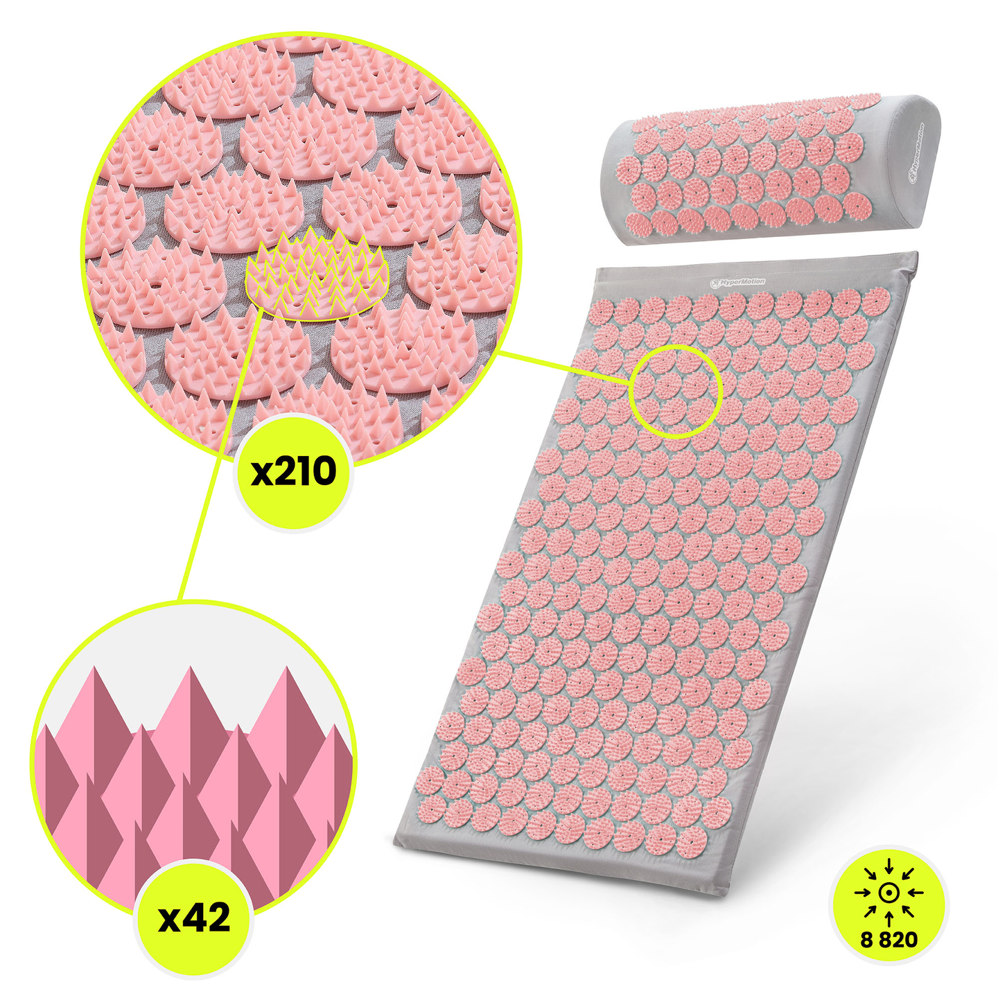 Akupresūros kilimėlis su pagalvėle ir užvalkalu – 72 cm „HyperMotion“ pilkas ir rožinis