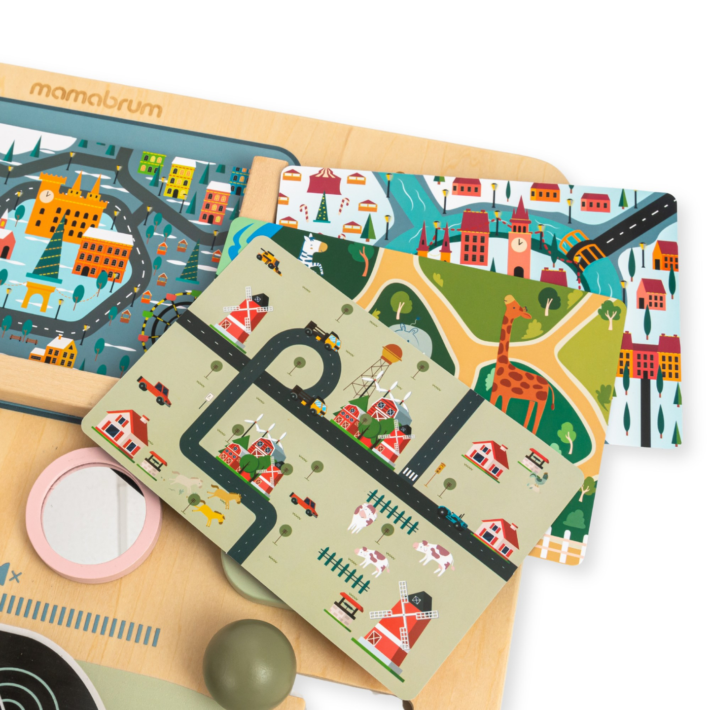 Medinė Montessori lenta 2 viename Vairuotojo ir piloto kabina – vairas, pavarų perjungimo svirtis, kelionių žemėlapiai, radaras