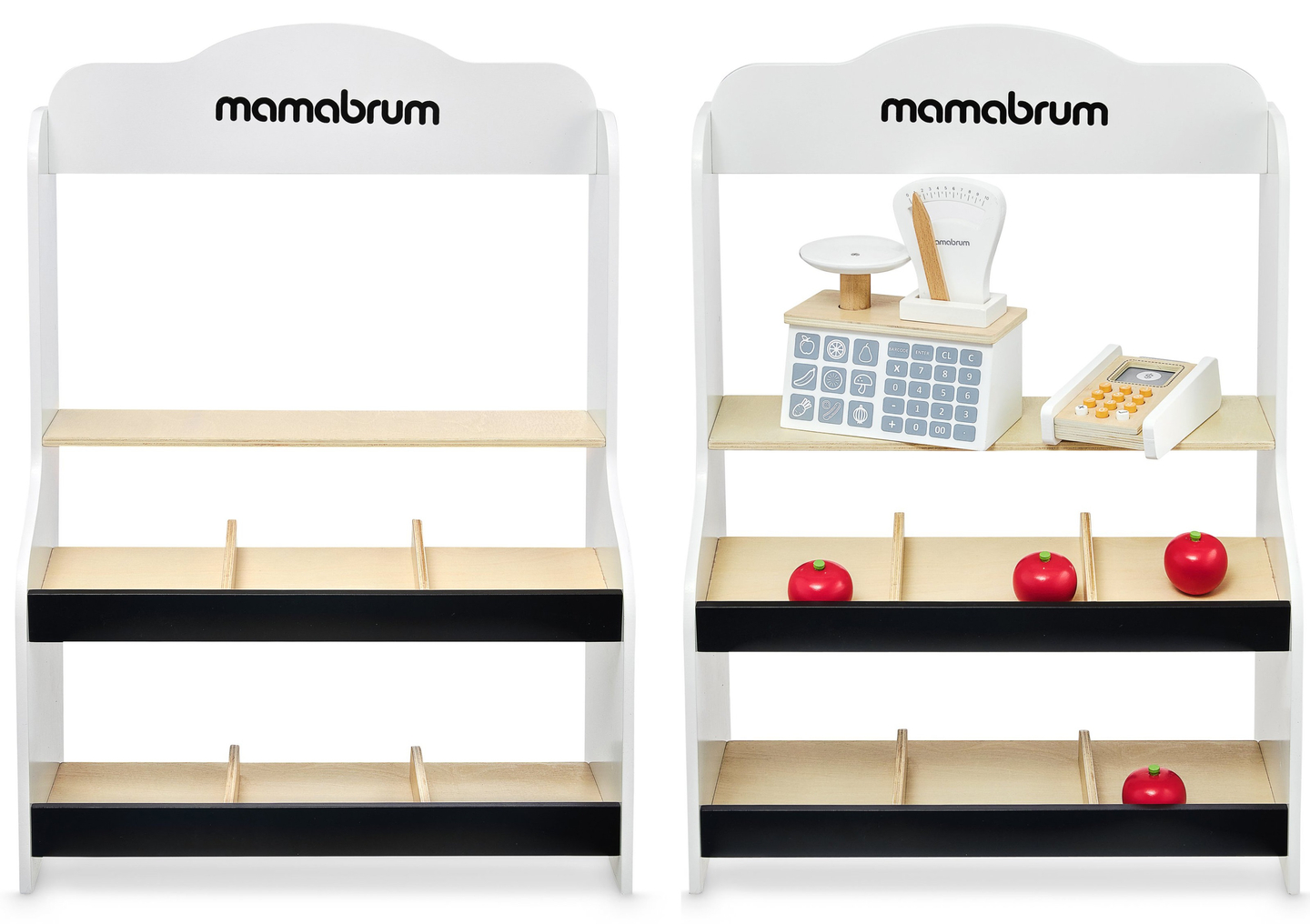 Mini turgus - parduotuvė su svarstyklėmis, terminalu, mokėjimo kortele ir vaisiais