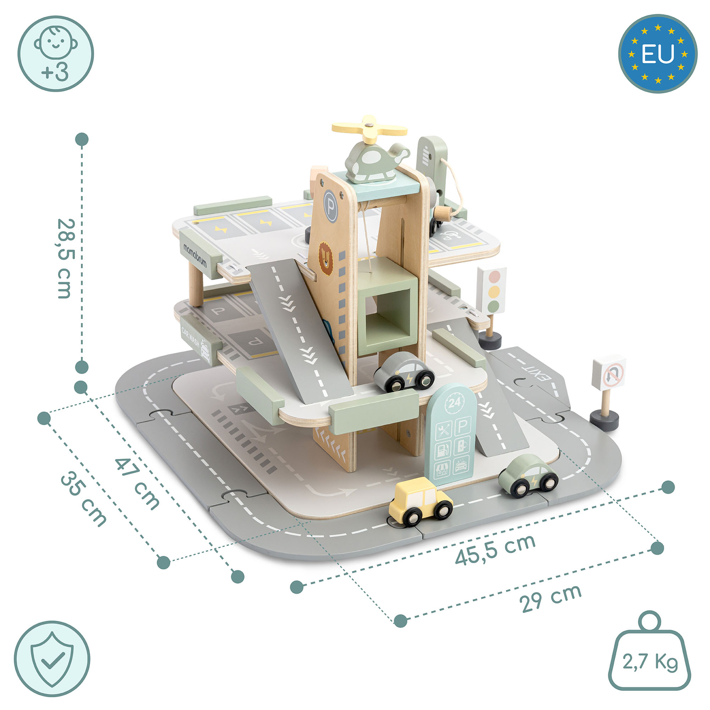Medinis, trijų aukštų garažas vaikams su priedais – automobilių stovėjimo aikštelė, degalinė, automobilių plovykla, sraigtasparnis