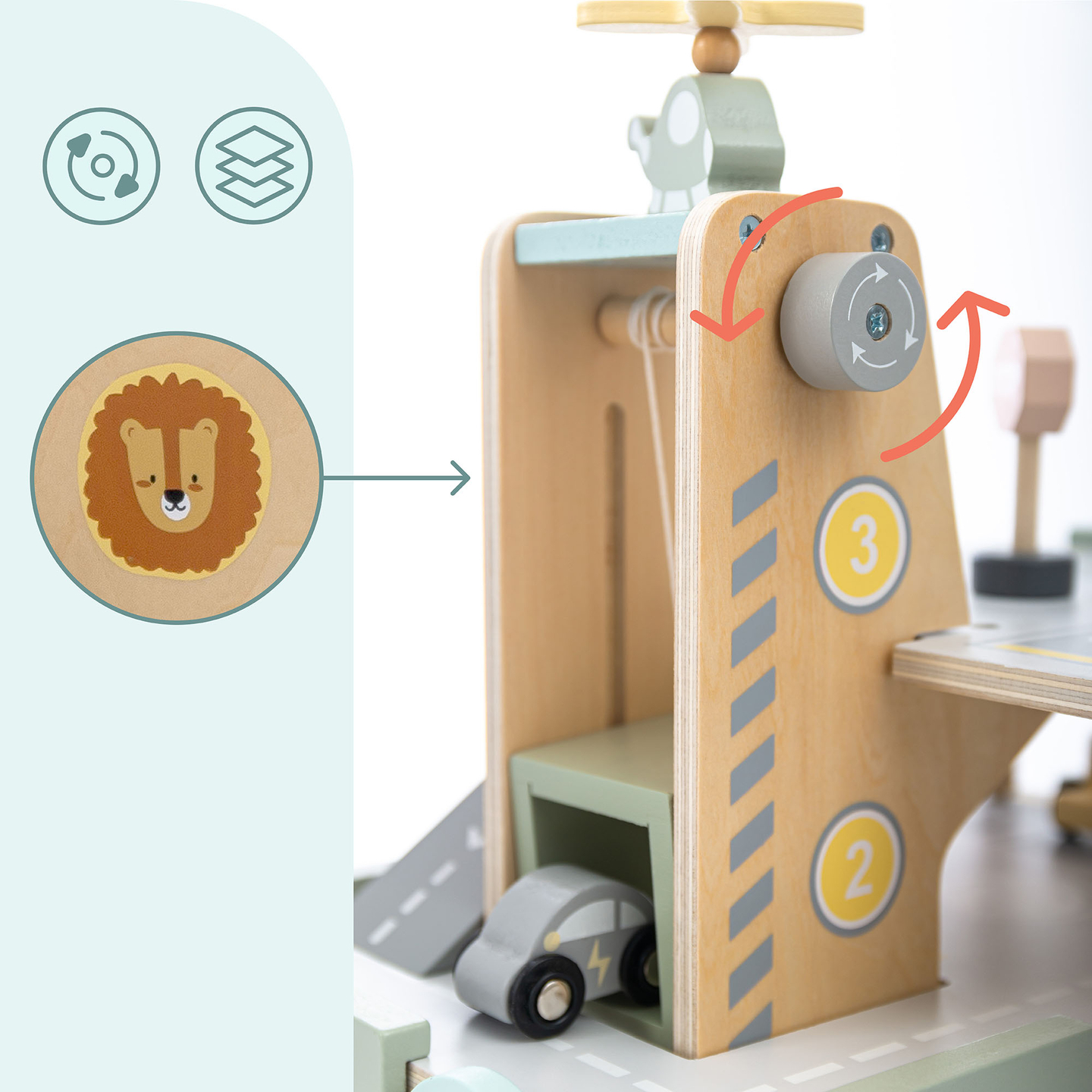 Medinis, trijų aukštų garažas vaikams su priedais – automobilių stovėjimo aikštelė, degalinė, automobilių plovykla, sraigtasparnis