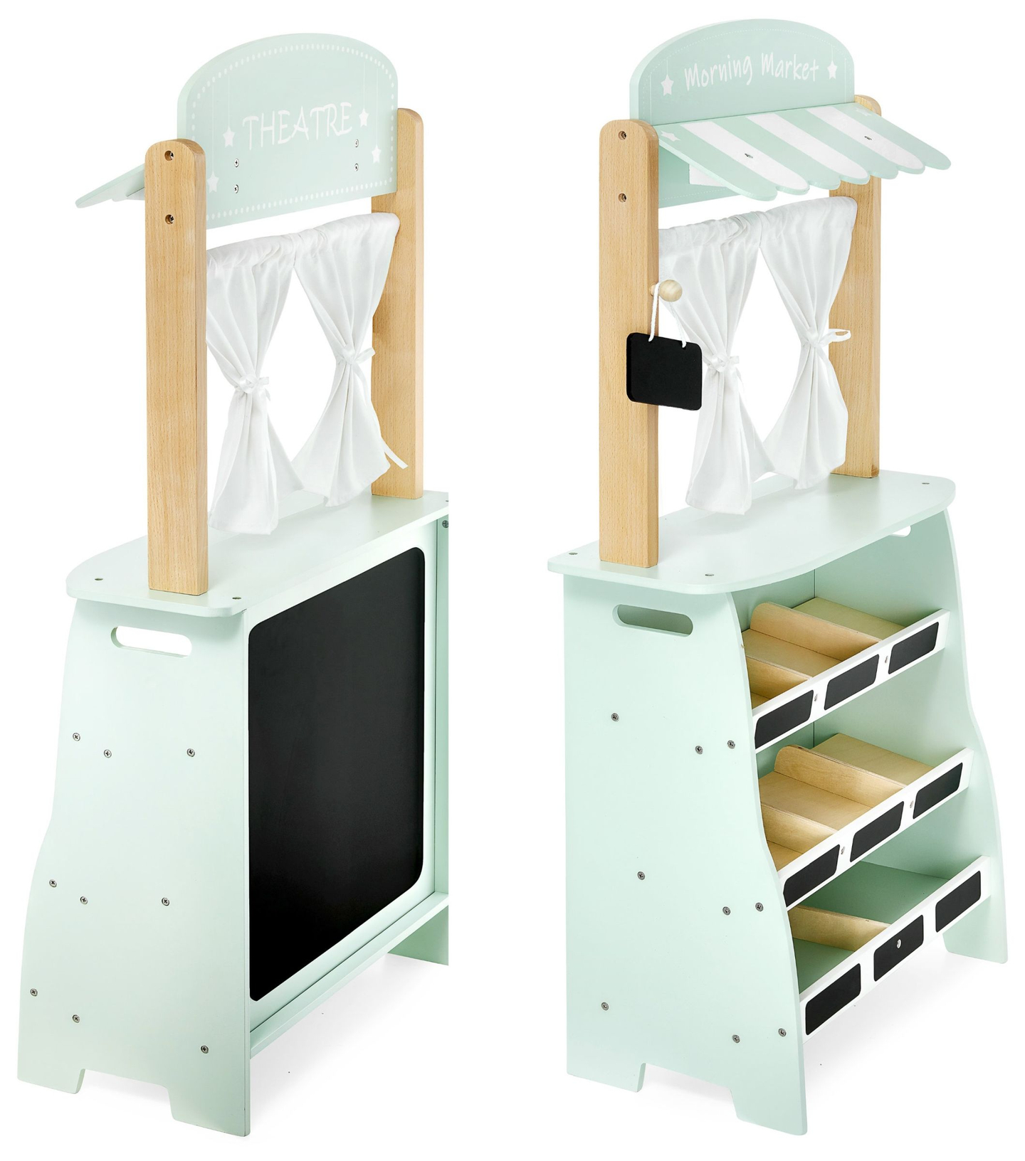 Didelė medinė parduotuvė - prekystalis ir teatras 2 viename su svarstyklėmis, mokėjimo terminalu, vaisiais ir daržovėmis