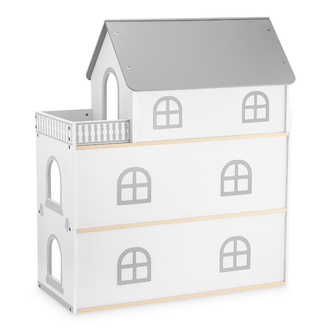 Baltas medinis lėlių namelis su terasa ir priedais