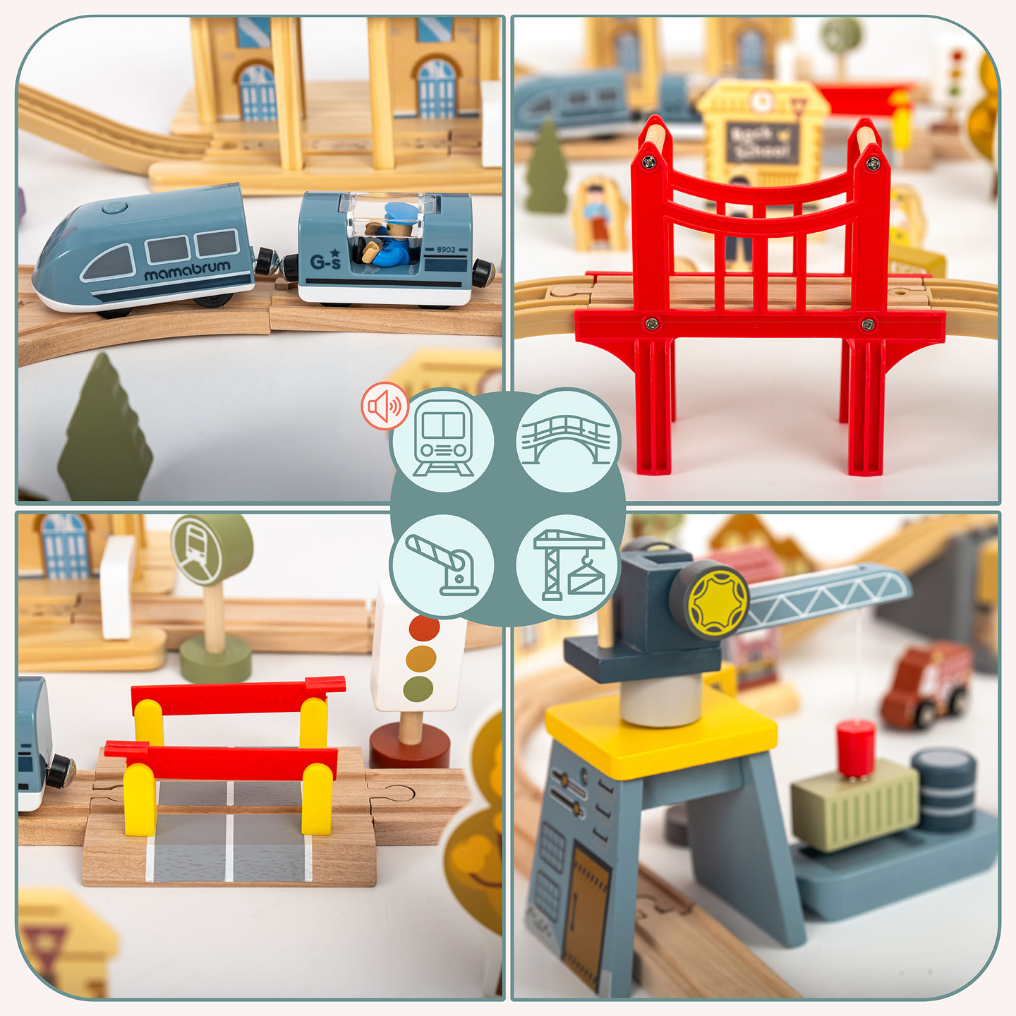 Medinis miesto geležinkelis su elektriniu traukiniu – judančiu kranu, laivu, tiltais