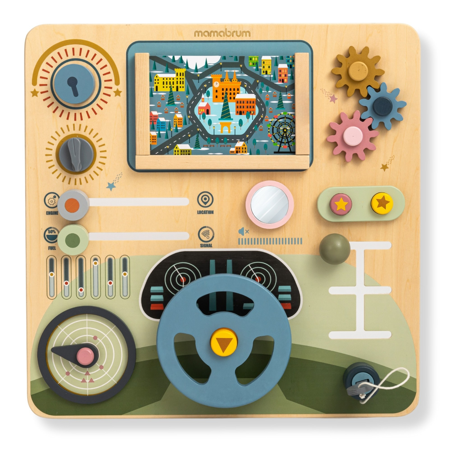 Medinė Montessori lenta 2 viename Vairuotojo ir piloto kabina – vairas, pavarų perjungimo svirtis, kelionių žemėlapiai, radaras