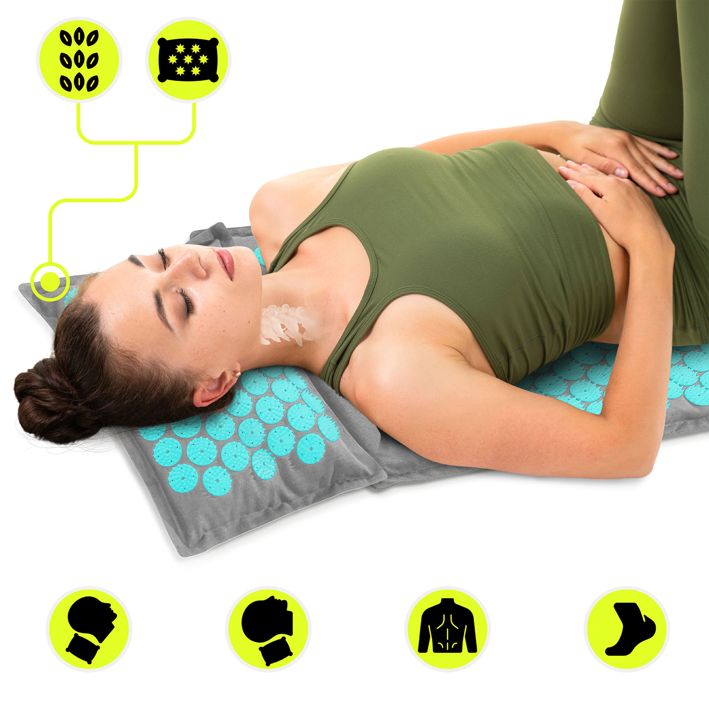 EKO lininis akupresūros kilimėlis su kokosų pluoštu ir grikių pagalvėle – 68 cm „HyperMotion“ pilka-mėtinė