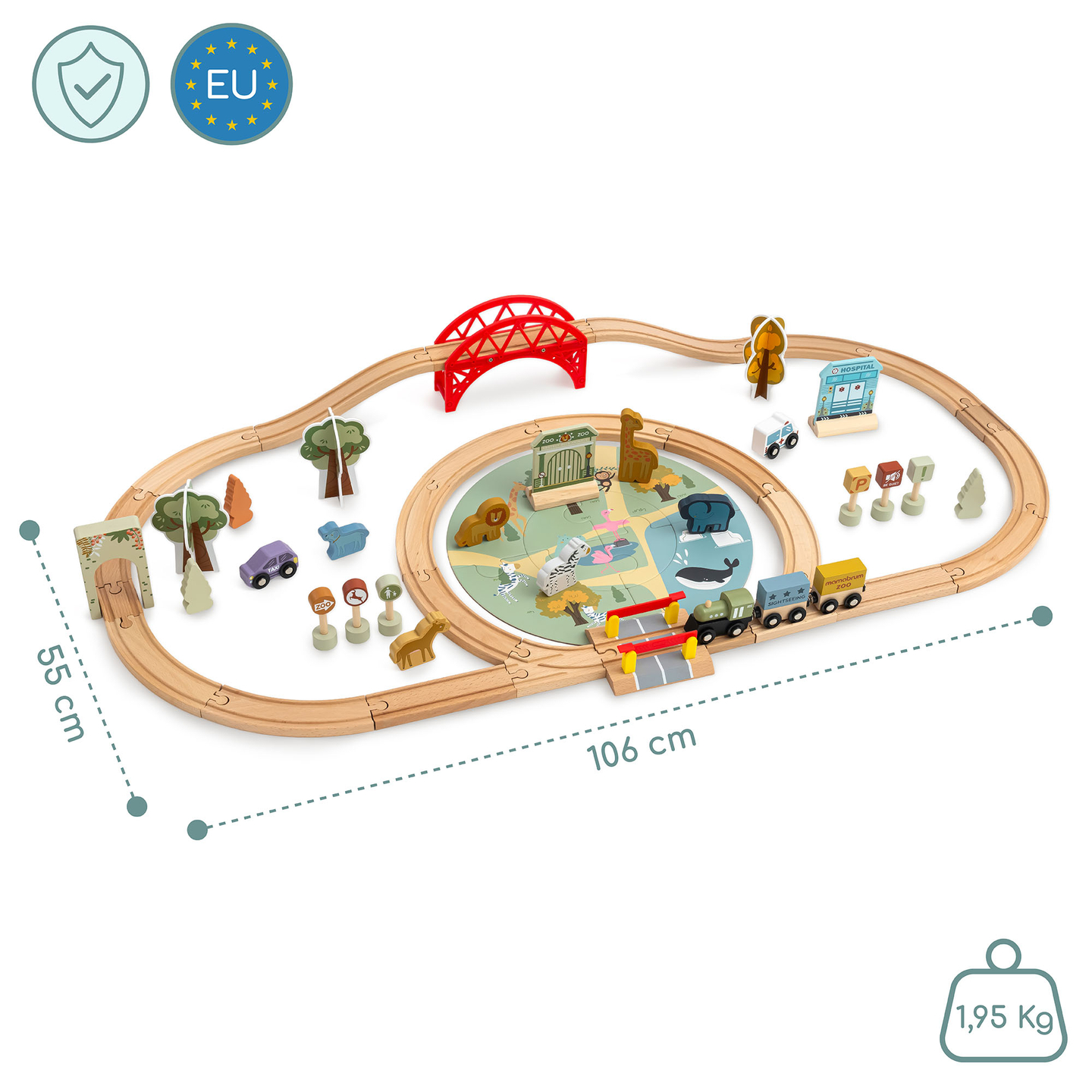 Medinis zoologijos sodo traukinukas – dėlionė, traukinukas, bėgiai, gyvūnai, tiltas, barjeras