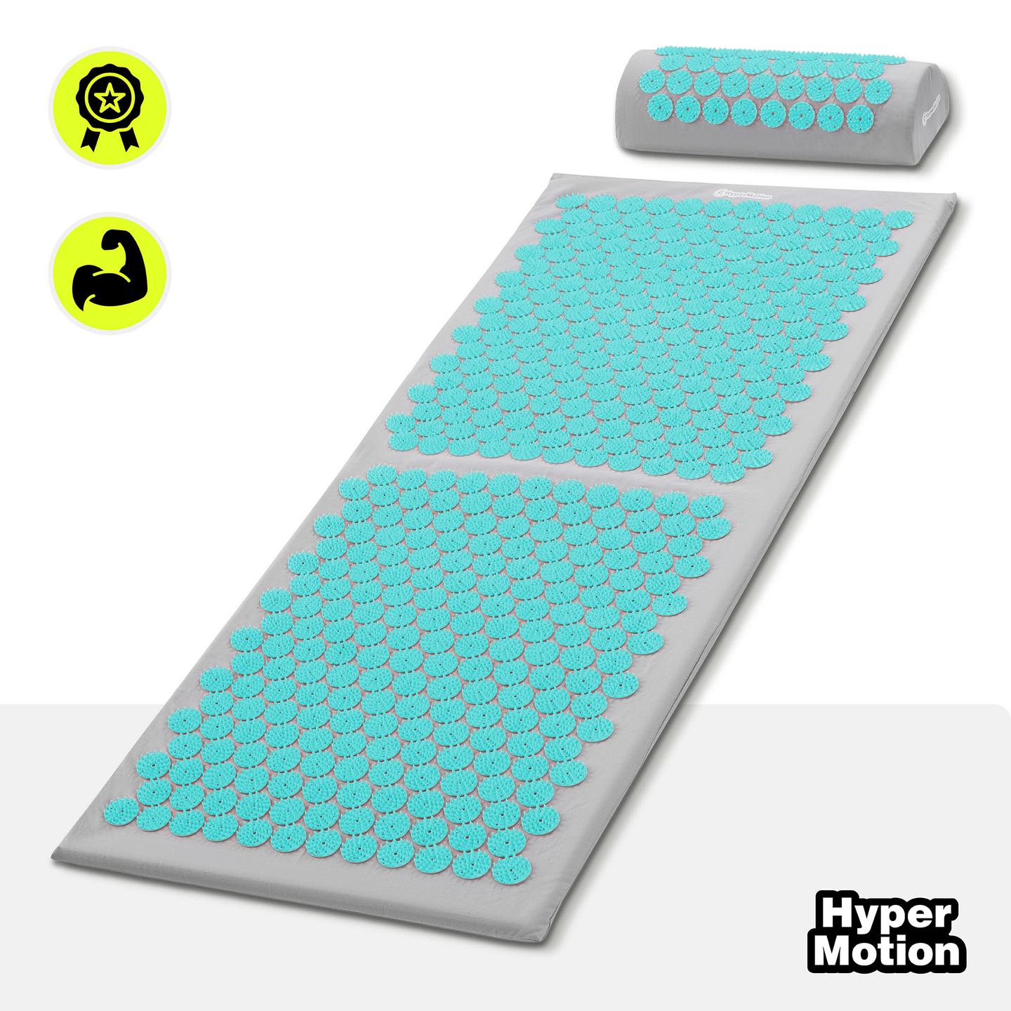 Didelis akupresūros kilimėlis su pagalvėle ir užvalkalu – 130 cm „HyperMotion“ pilkai mėtinis