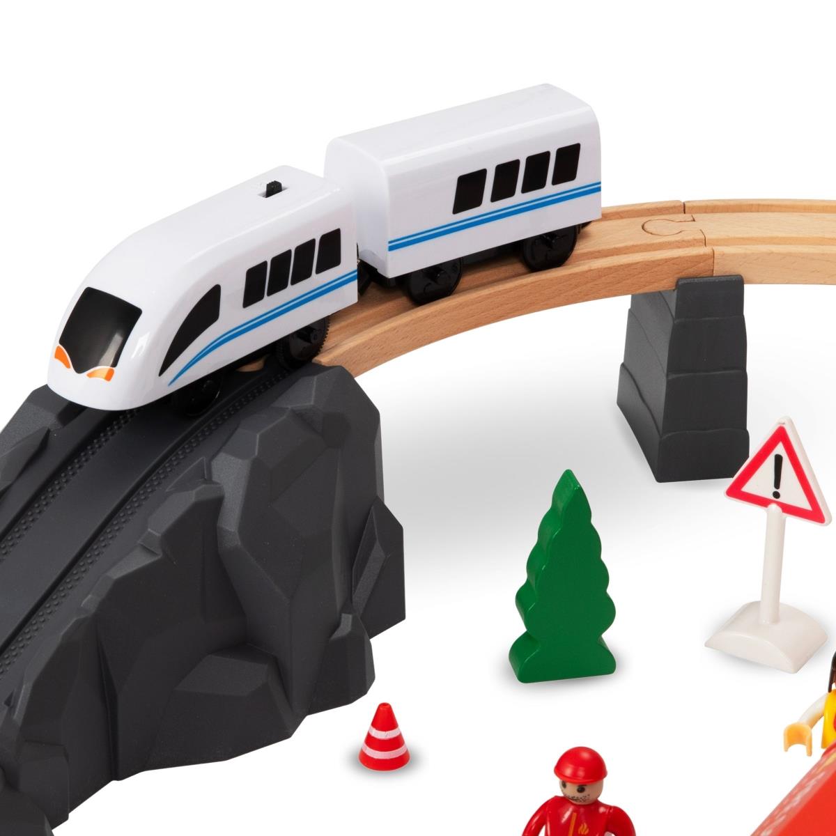 Medinis traukinys, akumuliatorinis traukinys - Ugniagesiai, bėgiai, automobiliai, tiltai, užtvara