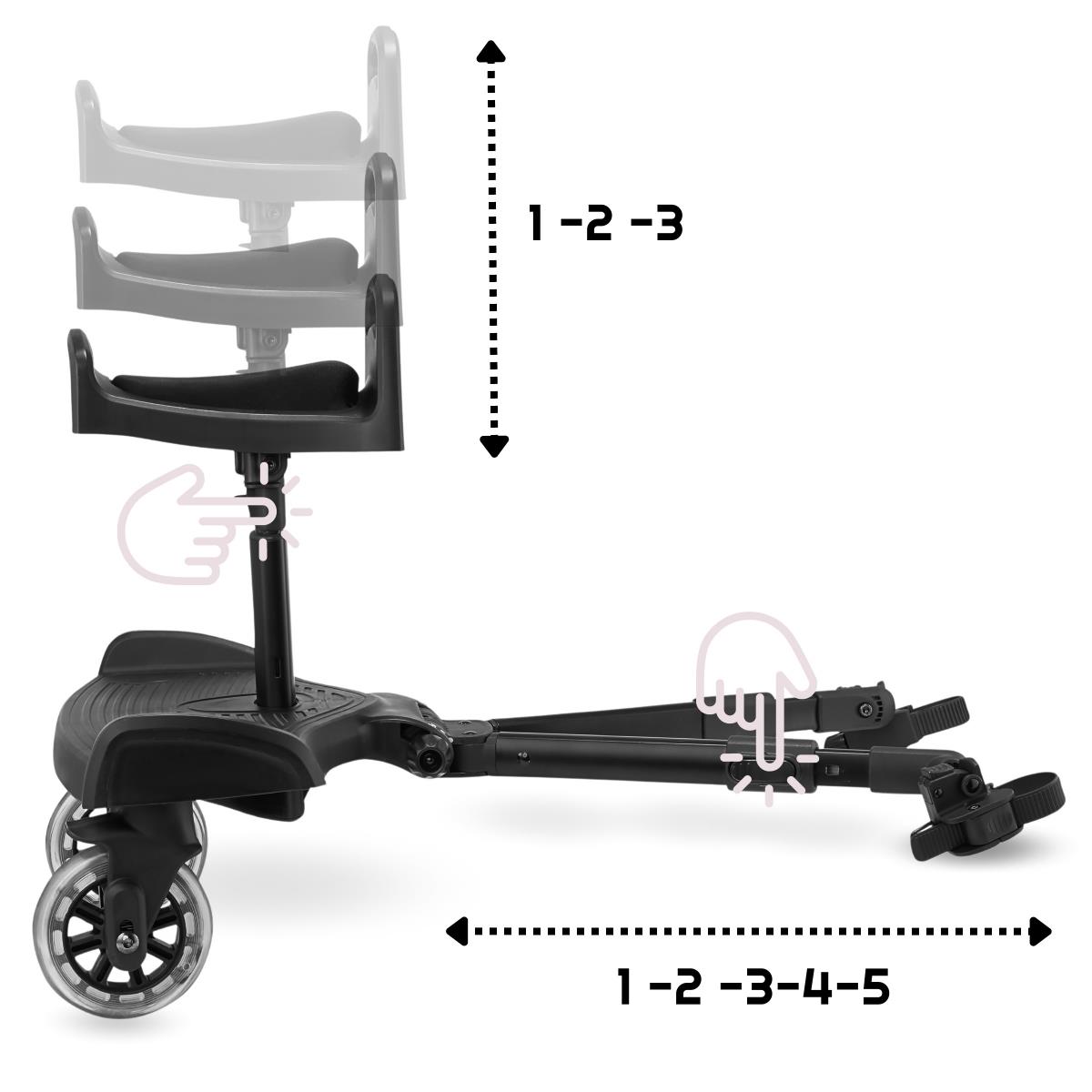 Vaikiško vežimėlio pratęsimas su reguliuojama sėdyne ir universalia tvirtinimo sistema - "Moby-System BUGGY2GO