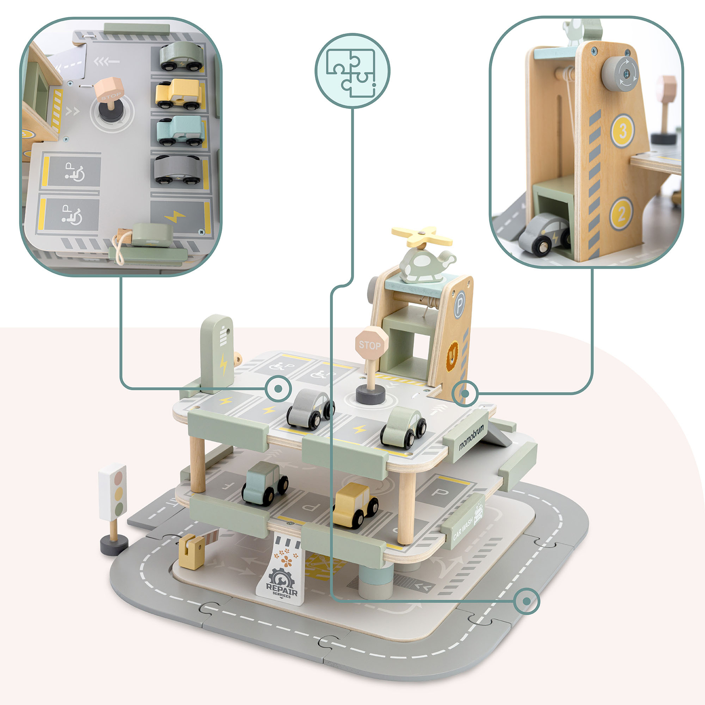 Medinis, trijų aukštų garažas vaikams su priedais – automobilių stovėjimo aikštelė, degalinė, automobilių plovykla, sraigtasparnis