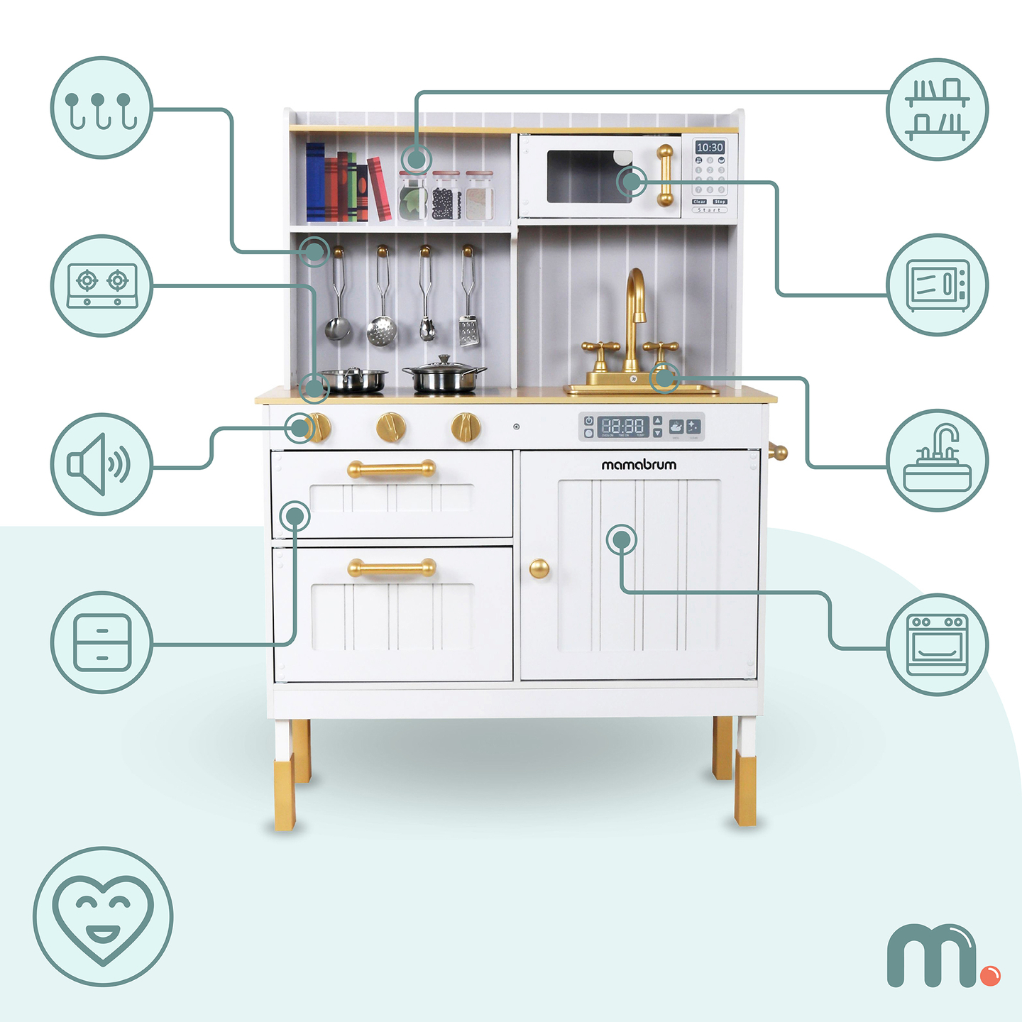 Medinė balta virtuvė su priedais ir prijuoste