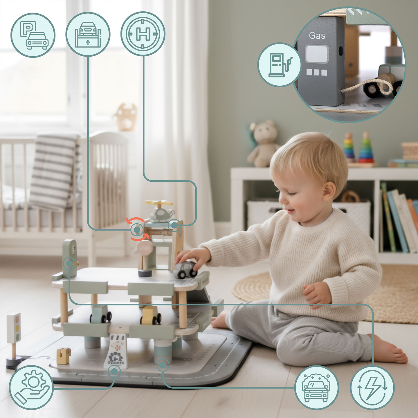 Medinis, trijų aukštų garažas vaikams su priedais – automobilių stovėjimo aikštelė, degalinė, automobilių plovykla, sraigtasparnis