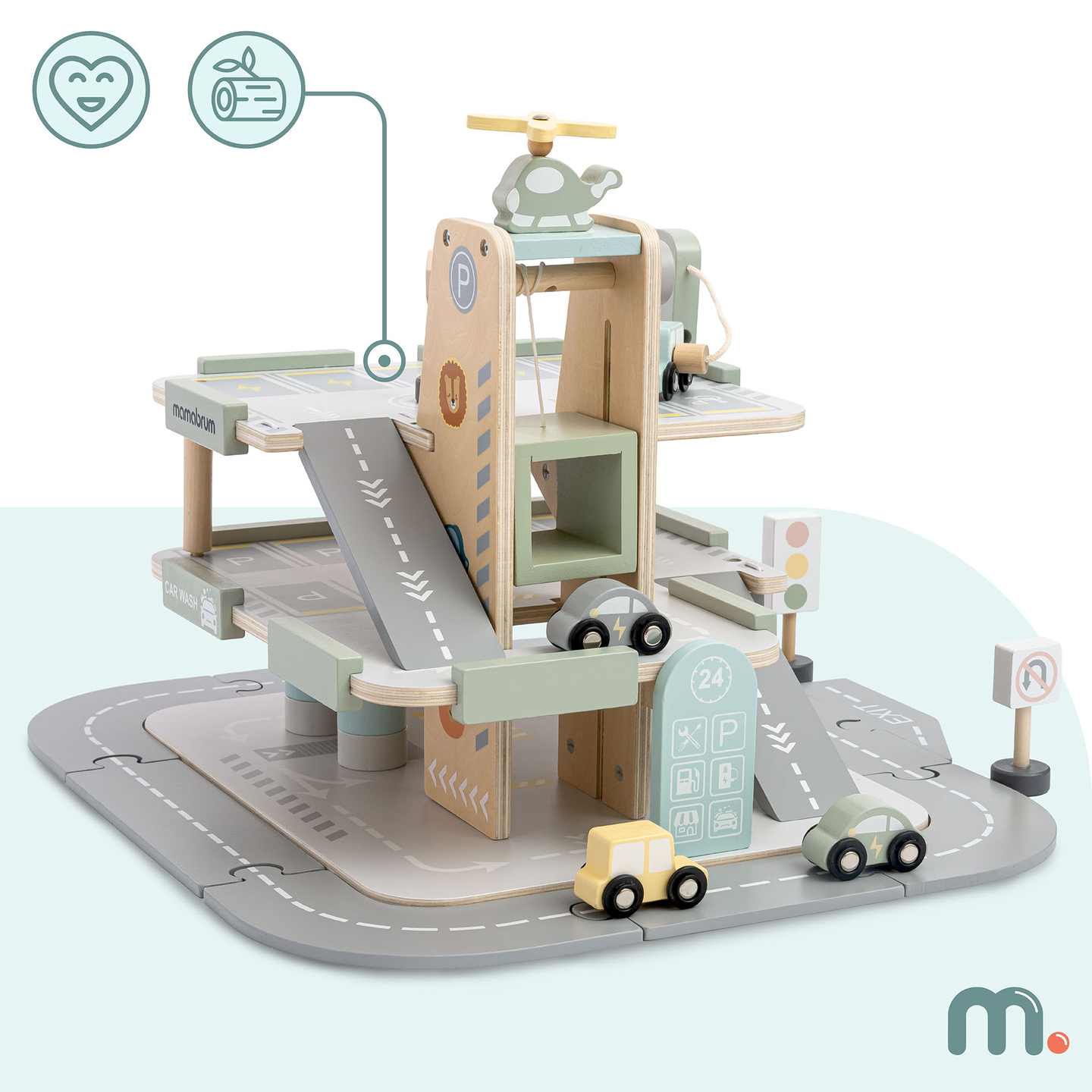 Medinis, trijų aukštų garažas vaikams su priedais – automobilių stovėjimo aikštelė, degalinė, automobilių plovykla, sraigtasparnis