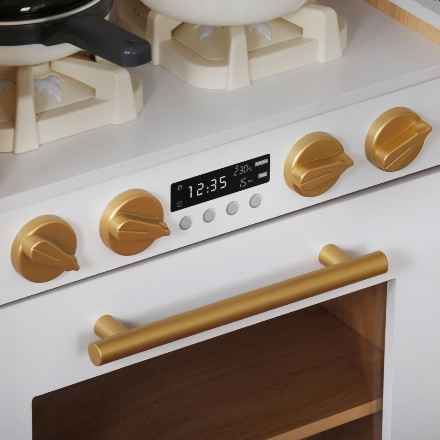 XXXXL didelė medinė interaktyvi virtuvė su LED apšvietimu, skalbimo mašina, mikrobangų krosnele, kavos aparatu, vaisių ir daržovių rinkiniu - 50 elementų