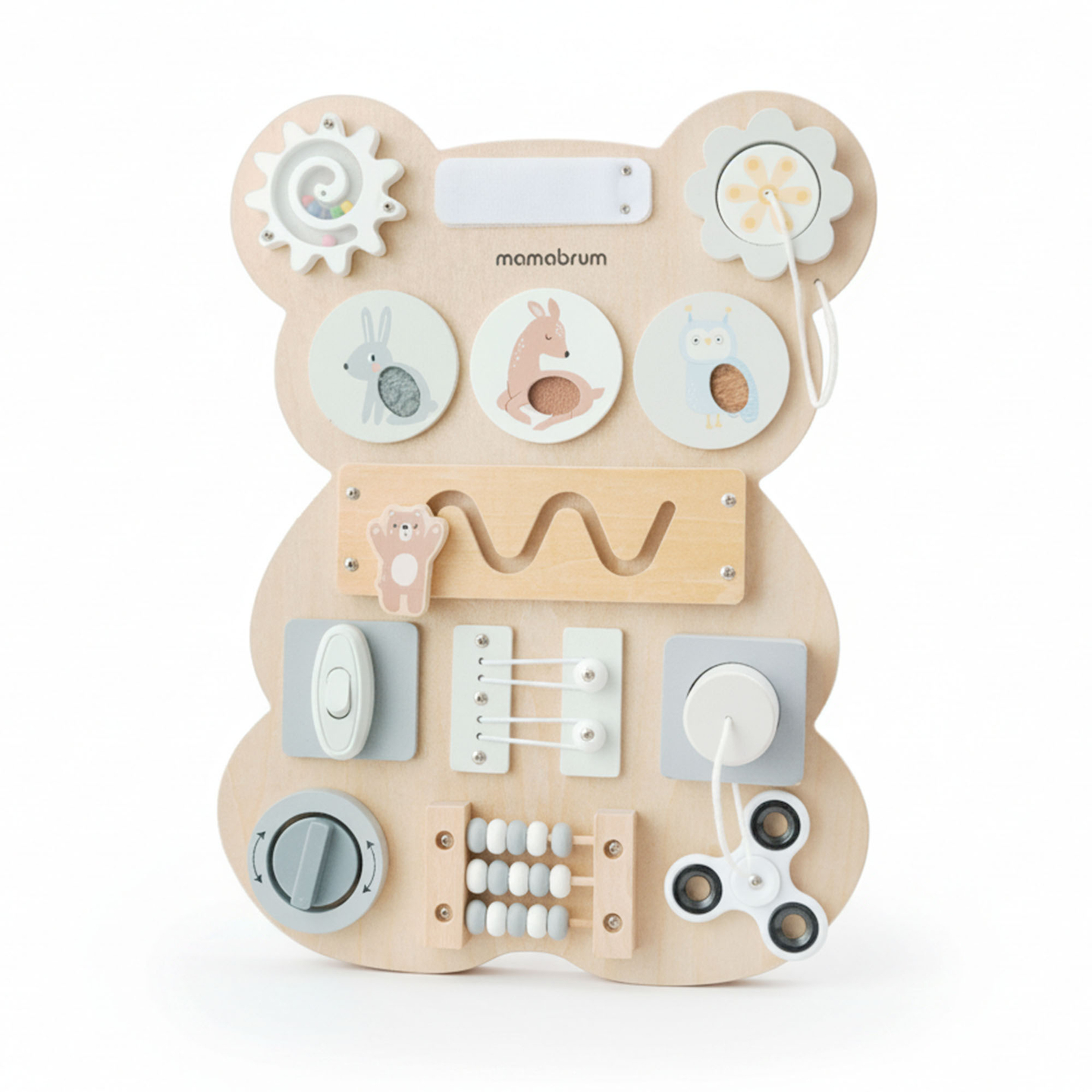 Medinė Montessori meškiuko manipuliacinė lenta - sensorinis savarankiškumo mokymasis: lipdukas, kaištis, labirintas, spragtelėjimo rankenėlė