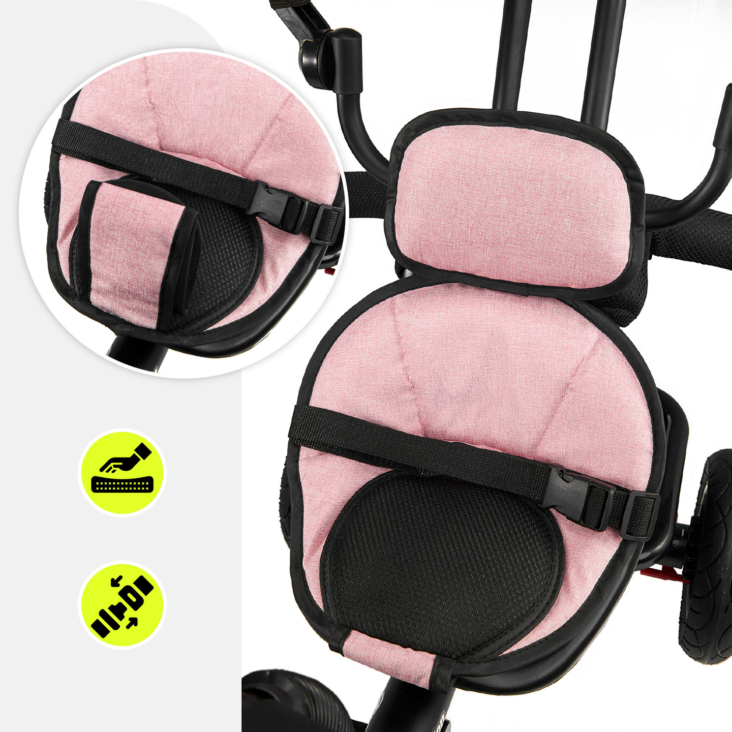 Triratukas 1-4 metų vaikams - TOBI FREY - rožinės spalvos - su pasukamais ratais + stūmiklis