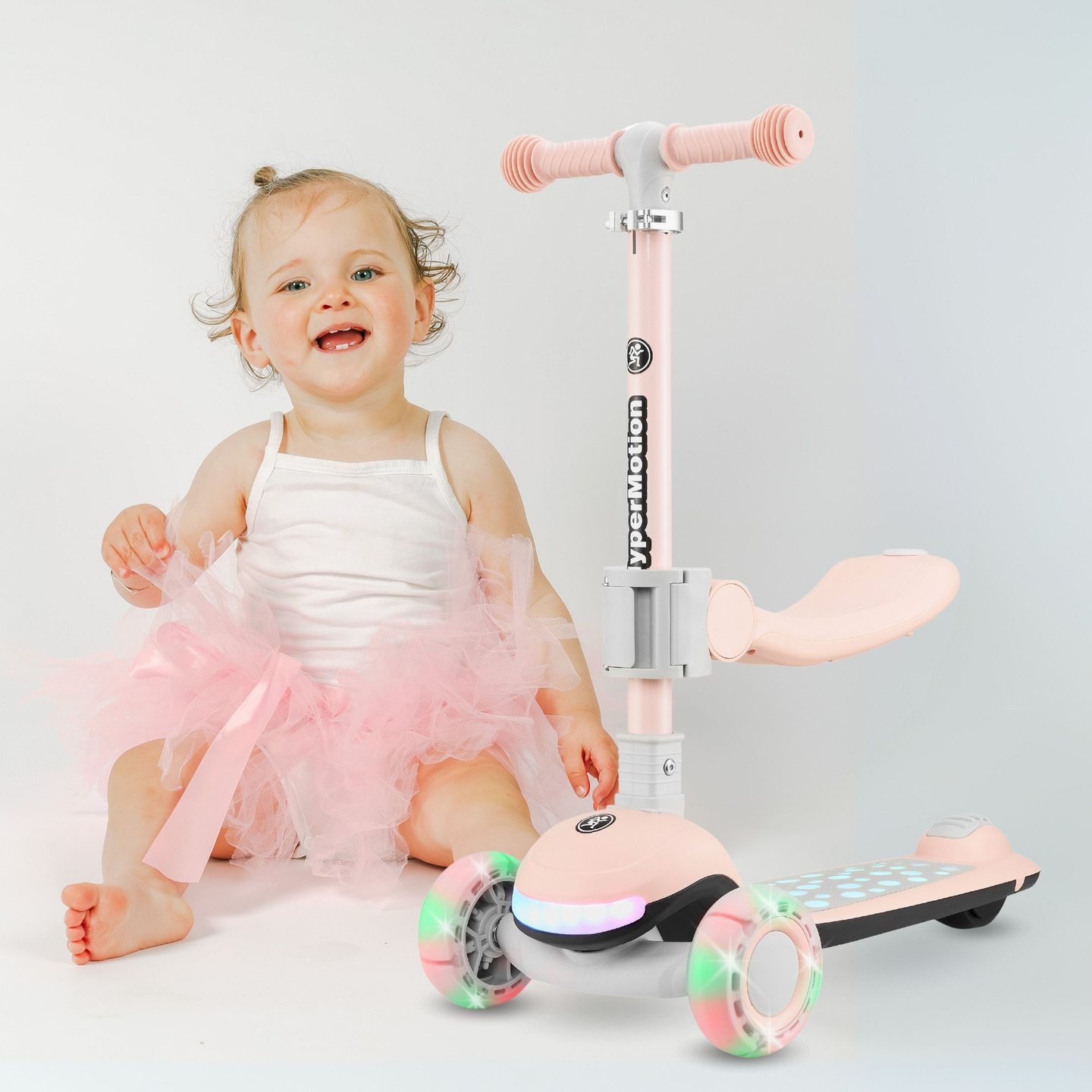 "HyperMotion LUMI 3-in-1" balansinis paspirtukas su šviečiančia platforma ir LED ratukais, rožinės spalvos