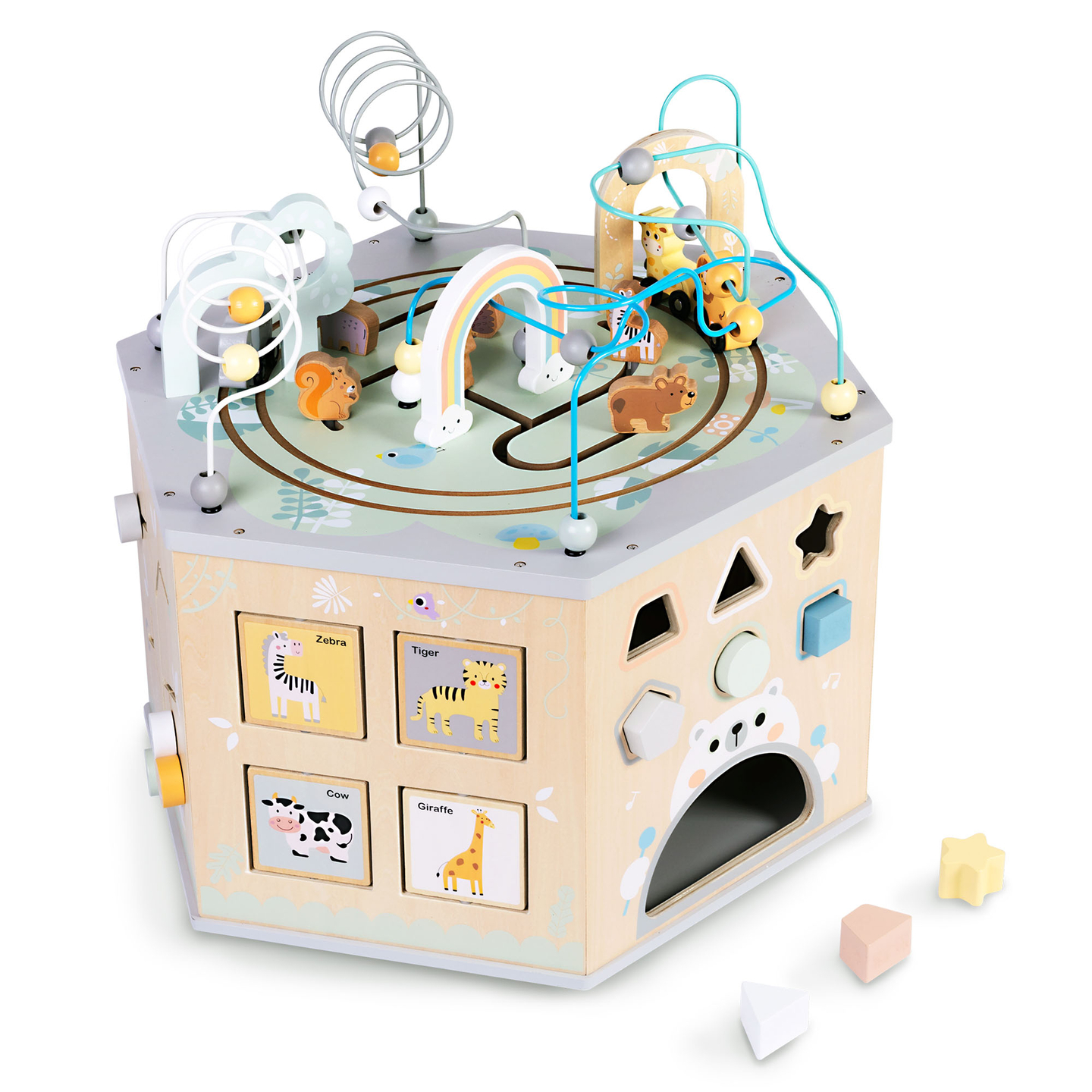 Didelis medinis edukacinis kubas - Montessori žaislas su magnetiniu traukiniu ir variklio kilpomis